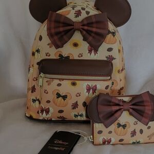 Loungefly Disney Minnie Mouse Fall Pumpkin Plaid Bow Backpack and Wallet Set